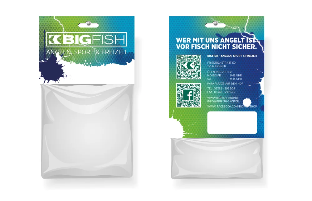 Etiketten und Verpackungskarten für den Angelshop BIGFISH