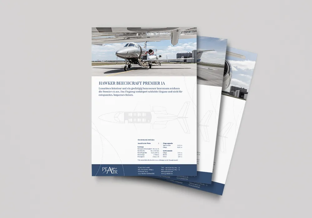 Flight Sheets von PEAK AIR mit technischen Daten des Hawker Beechcraft Premier 1A