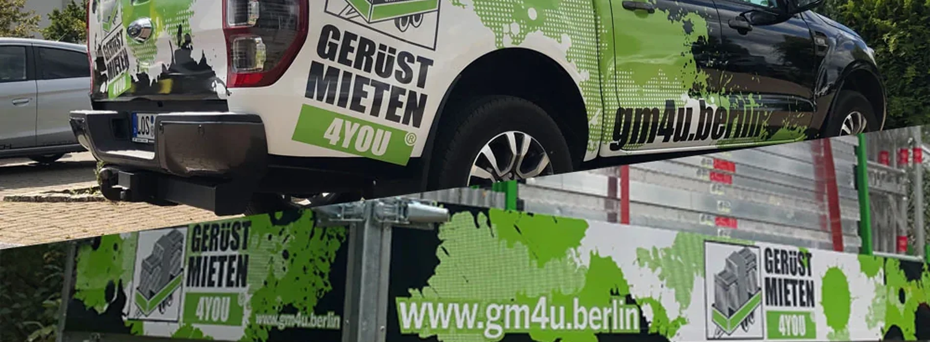 Fahrzeuge von Gerüst mieten 4YOU mit dem grünen Splatter-Raster als wiederkehrendes Corporate Element