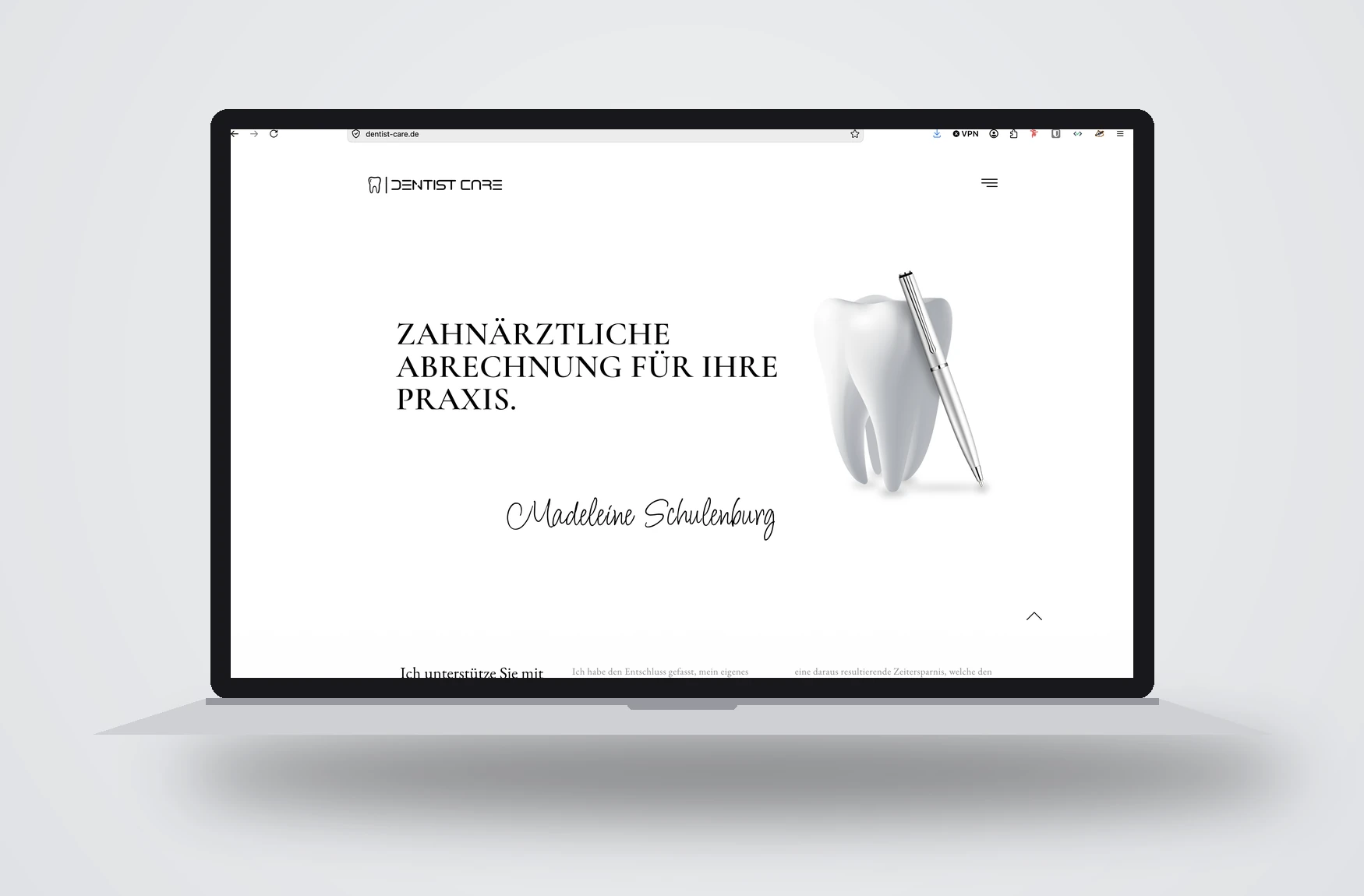 Website von DENTIST CARE im Laptop – zahnärztliche Abrechnung, Madeleine Schulenburg