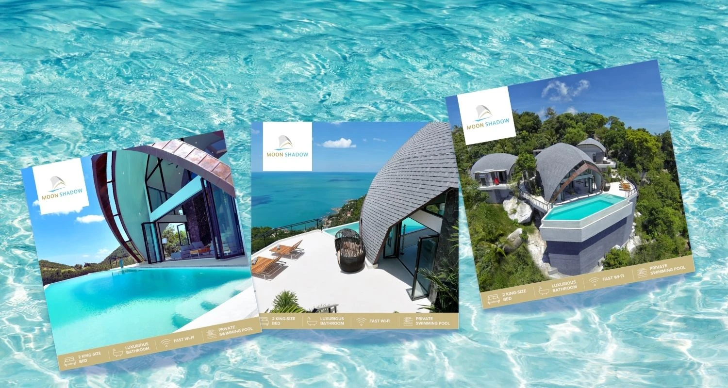 Villa Moon Shadow – Flyer und Broschüren auf türkisem Wasser, Koh Samui