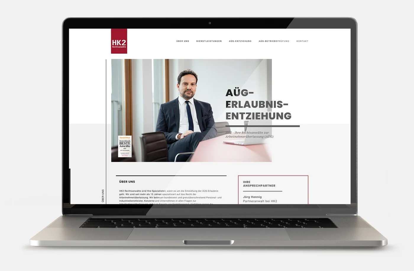 Website der Kanzlei HK2 mit Themenseiten für die Suche