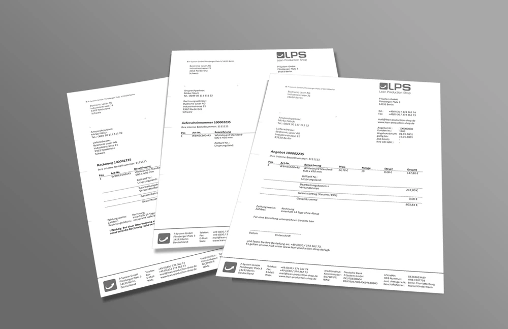 Angebot, Lieferschein und Rechnung des Lean Production Shop als aufgefächerter Formularsatz