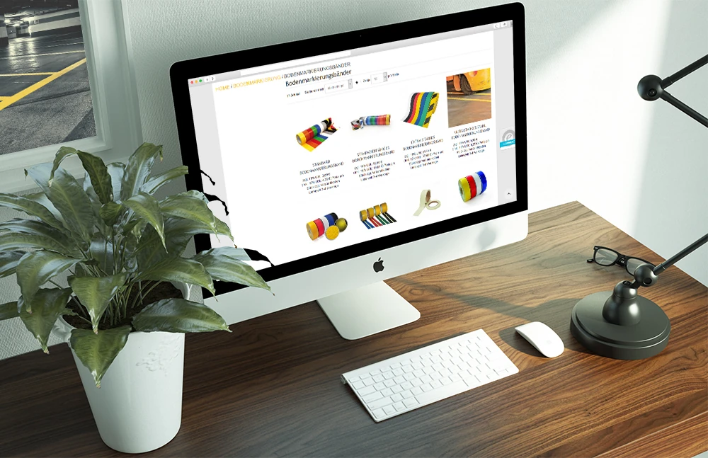 Produktseite des Lean Production Shop mit farbigen Sichttafeln im Browser