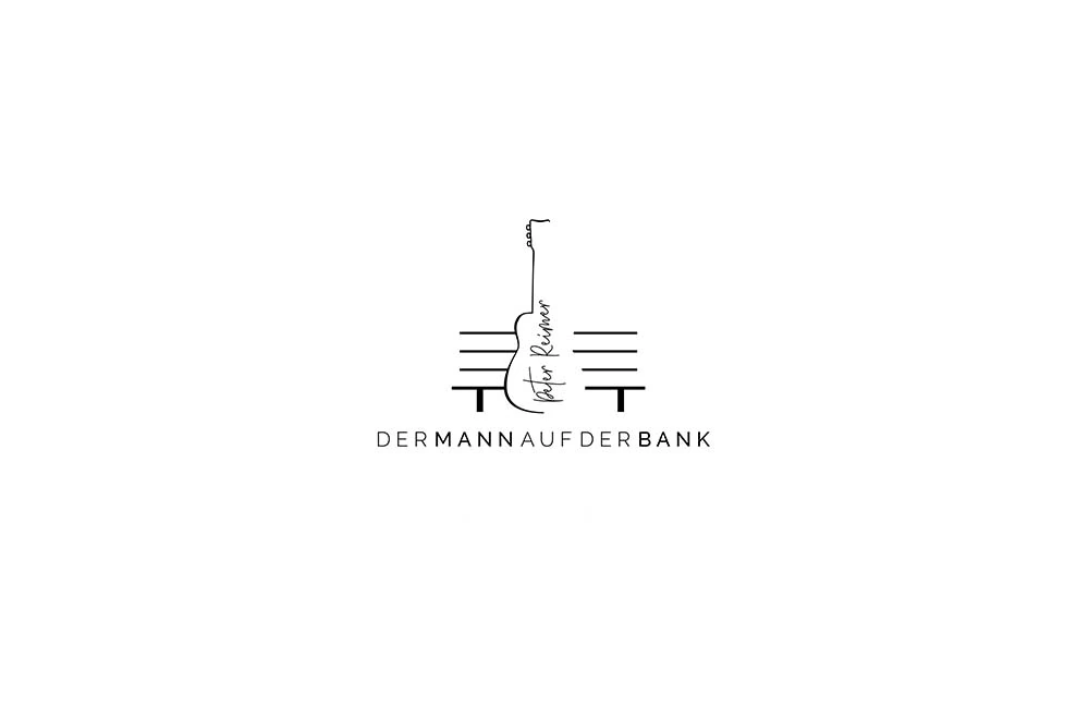 Logo Der Mann auf der Bank – gezeichneter Reiher als Signet über dem Schriftzug