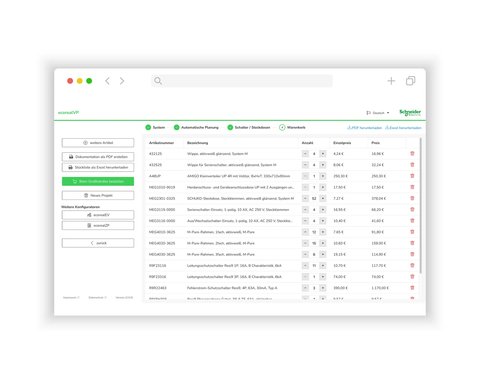 Stückliste & Warenkorb – ecorealVP Verteilerplatz-Konfigurator für Schneider Electric