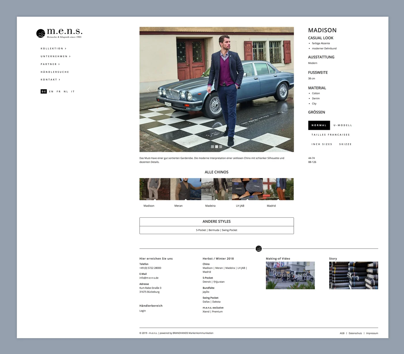 Produktseite Modell Madison auf der Website des Hosenherstellers m.e.n.s.
