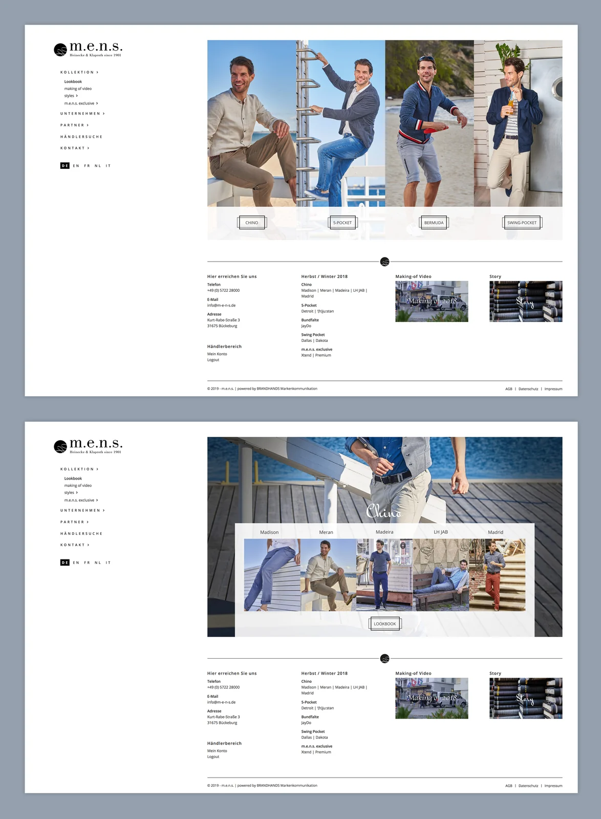 Lookbook-Ansicht mit mehreren Hosenmodellen auf der Website von m.e.n.s. aus Bückeburg