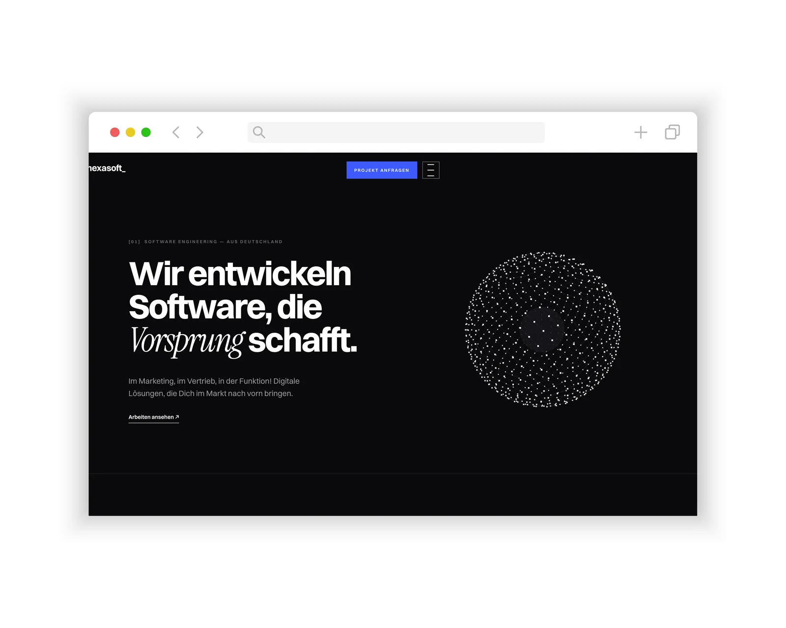 Website des Software-Unternehmens nexasoft mit interaktivem Partikel-Hero